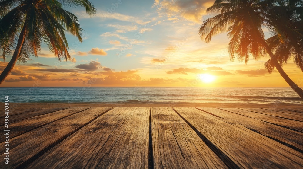 Aufkleber it's a wooden table with a blurred background of palm trees and the sea, bathed in warm sunlight, cr