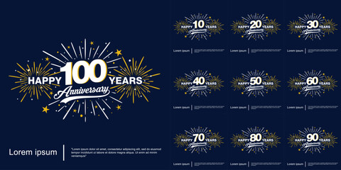 Set of 10-100th years happy anniversary celebration emblem logo with fireworks, sparkle, twinkle and stars. vector illustration template design for web, flyers, poster, invitation, greeting