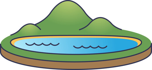 Illustration of a serene lake surrounded by green hills, symbolizing tranquility and nature.