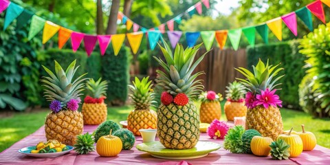 Lively pineapple-themed garden party with vibrant pineapple decorations , tropical, vibrant, colorful, summer