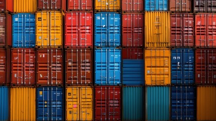 Stack of shipping containers with colorful branding, ready for export