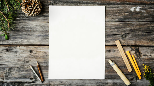 Blank white paper on a rustic wooden table surrounded by stationery and pine needle decoration, perfect for Christmas or holiday design.