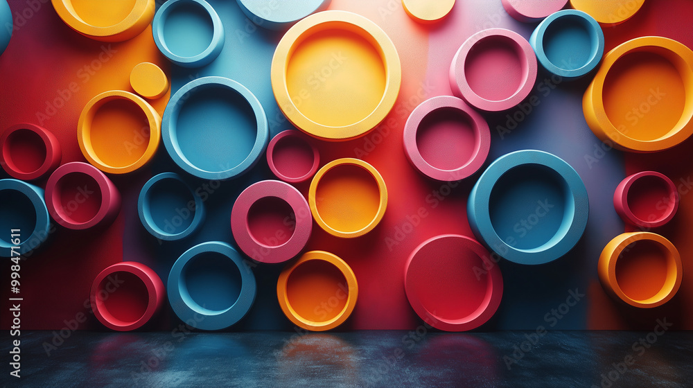 Poster a vibrant wall adorned with colorful circular plates in various sizes, creating a striking, artistic