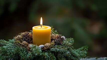 Close-up of Advent wreath made from natural materials, one lit beeswax candle, soft focus evergreen forest background