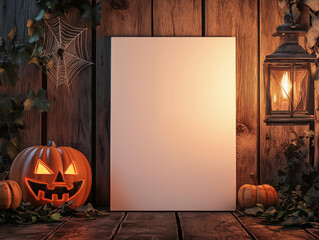 Halloween Canvas mockup for a poster or invitation advertising ,this template features a canvas on a wooden table with pumpkins and ghosts. 