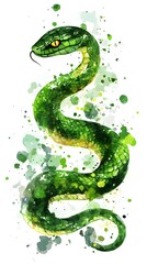 Naklejka premium Watercolor Painting of a Green Snake on White Background, Abstract Image, Texture, Pattern Background, Wallpaper, Cover and Screen of Smartphone, PC, Laptop, 9:16 and 16:9 Format