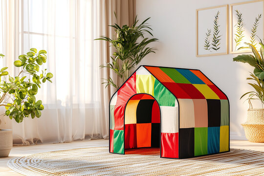 a vibrant indoor fabric playhouse for children with colorful patchwork design in a sunny room