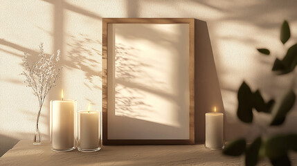 Frame mockup close up in a beige cozy room with candles, 3d render