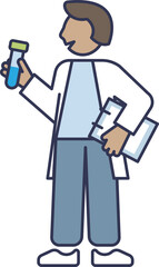 Illustration of a scientist holding a test tube and clipboard, symbolizing research and experimentation.