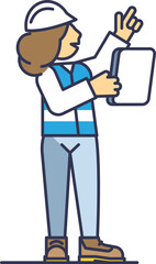 Illustration of a technician wearing a helmet, vest, and holding a clipboard, pointing upwards, symbolizing inspection and safety.