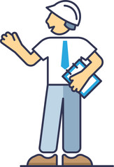 Illustration of a technician wearing a helmet and holding a clipboard, symbolizing safety and inspection.