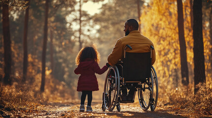 Happy black african american disabled father in a wheelchair with daughter. Candid dad and child bonding in a nature. Father's Day concept banner. Interracial diverse family. AI generated