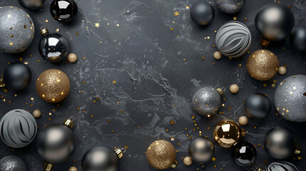 Christmas gift. Black baubles, golden balls in Christmas decoration on dark textured background for greeting card.