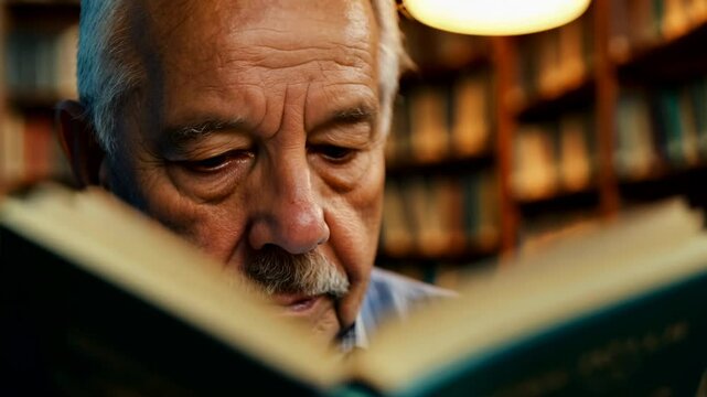 Old Caucasian man reading the book in a library. A journey through literature unfolds with each book he opens.