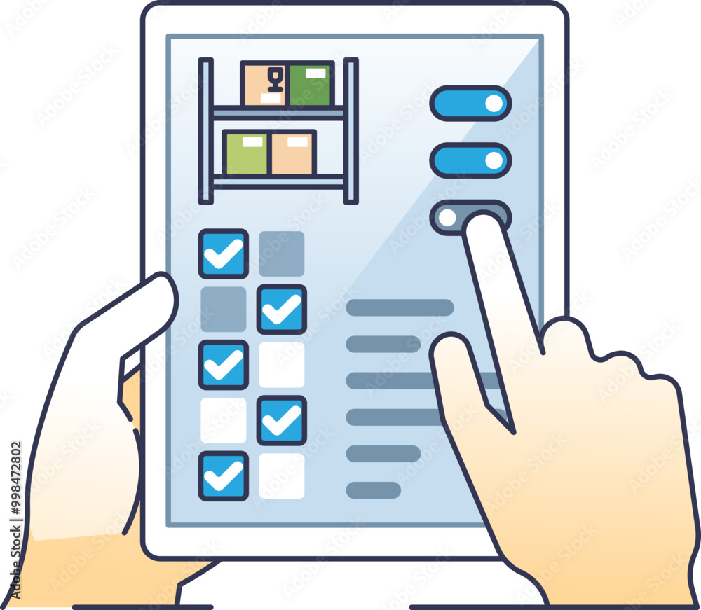 Poster tablet displaying warehouse management system interface with checklists and inventory controls.