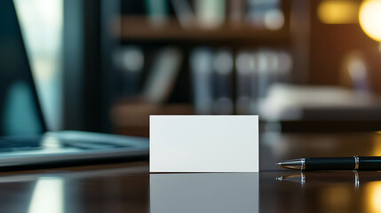 Close-up of a blank business card on a polished wooden desk with a pen, laptop, and blurred office background. Professional branding concept.