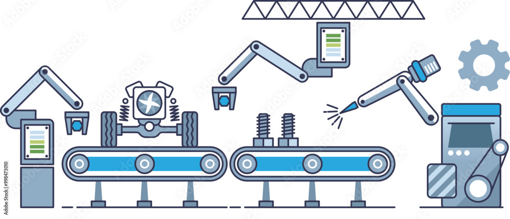 Poster illustration of an assembly line with robotic arms performing various tasks, including welding and h