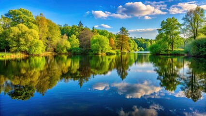 Obraz premium Tranquil lake landscape with reflections of surrounding trees, serene, peaceful, tranquil, calm, lake, water, reflection