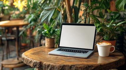 Fototapeta premium Cozy cafe scene with a laptop on a wooden table surrounded by plants and a cup of coffee, perfect for remote work and creative inspiration.