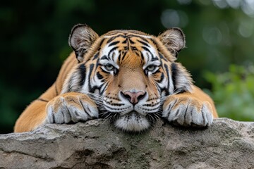 Fototapeta premium Close-up of a tiger relaxing in its zoo habitat, natural surroundings, stock photo style
