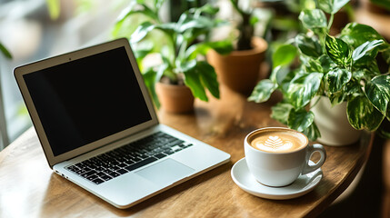 Fototapeta premium Cozy workspace with a laptop and coffee amidst indoor plants on a wooden table, creating a calm and productive atmosphere.