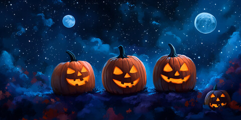Obraz premium Halloween Pumpkins Under Moonlit Night Sky: Spooky Season