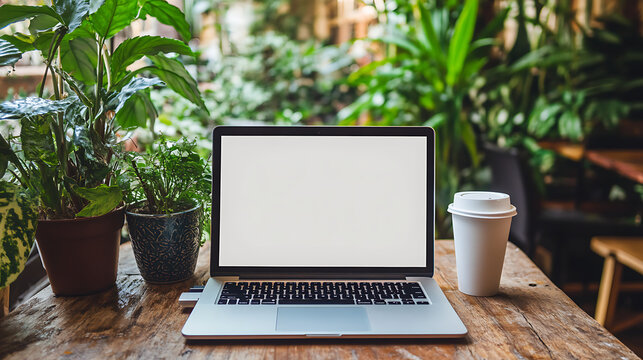 Cozy workspace with a laptop, coffee cup, and indoor plants. Ideal for remote work, freelancing, and design inspiration.