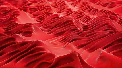 Three dimensional render of red wavy pattern. Red waves abstract background texture