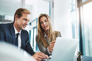 Man, woman or laptop in office for finance, business meeting or advice for company growth. Team, tech and discussion in workplace for review, brainstorming or budget planning for financial year end