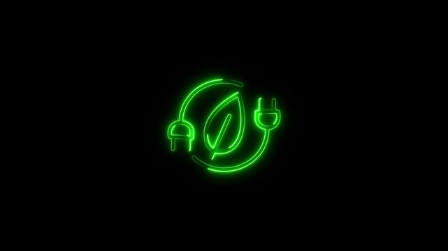Neon Environmental electric plug with leaf. Eco electric energy symbol.