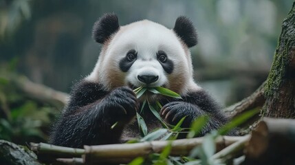 Fototapeta premium Close-up of a panda eating bamboo, cute and relaxed expression, stock photo style