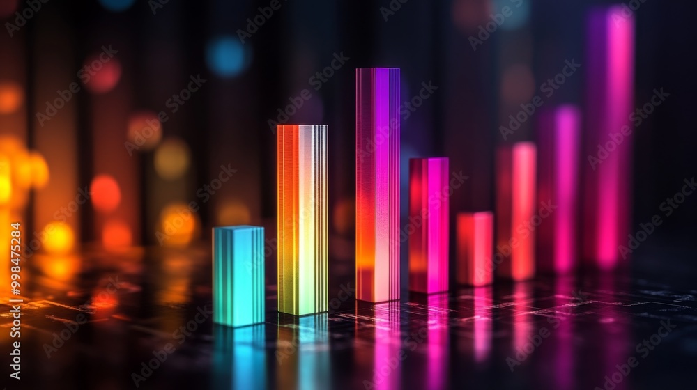 Poster A vibrant 3D bar graph rising against a dark background, showcasing increasing financial metrics with dynamic lighting and reflections, symbolizing growth and success.