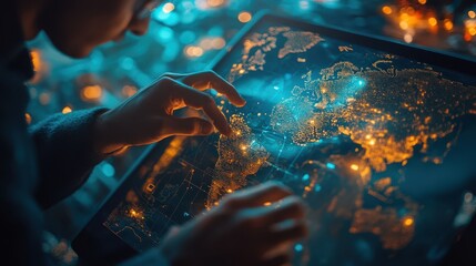 A person interacts with a glowing digital map, showcasing details and connections across the globe, This image is ideal for technology, travel