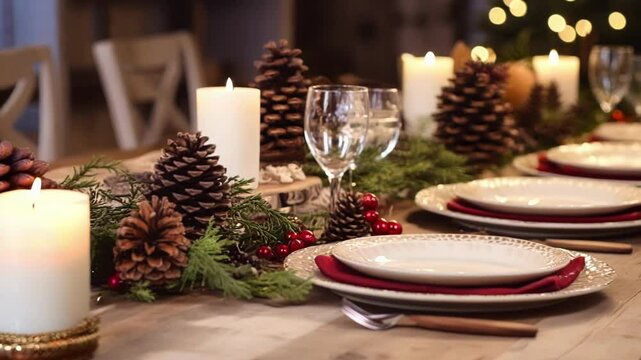 Christmas table setting with plates, cutlery, burning candles, pine cones, red berries and evergreen branches on a rustic wooden table