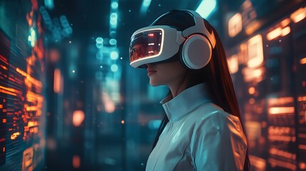 Person wearing a VR headset in a bright futuristic environment with high-tech displays, representing immersive technology and advanced computing concepts.