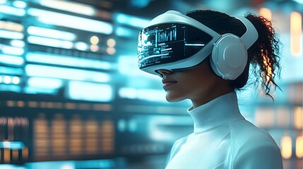 Person wearing a VR headset in a bright futuristic environment with high-tech displays, representing immersive technology and advanced computing concepts.