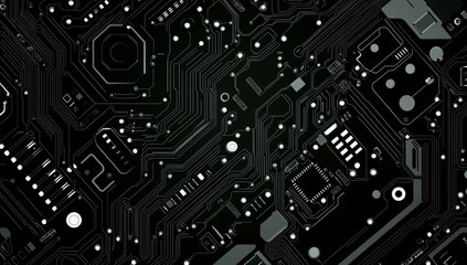 Fototapeta premium This seamless electronics circuit board background texture is a monochrome black and white grey swatch known as a motherboard. This is a great background for engineering, computer science, and geek
