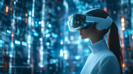 Person wearing a VR headset in a bright futuristic environment with high-tech displays, representing immersive technology and advanced computing concepts.