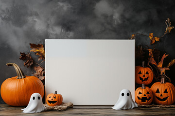 Halloween Canvas mockup for a poster or invitation advertising ,this template features a canvas on a wooden table with pumpkins and ghosts. 