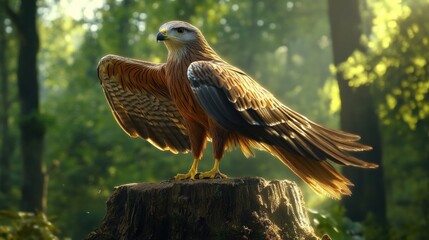 Obraz premium A majestic hawk perched on a tree stump in a sunlit forest, showcasing its wings.
