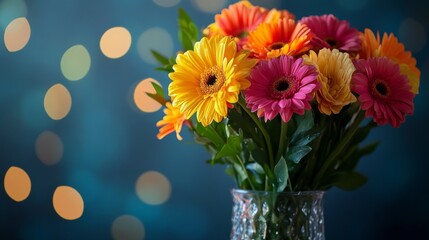 Obraz premium A vibrant bouquet of flowers in a glass vase with droplets of water on the leaves, emphasizing freshness and the importance of hydration for plant health.