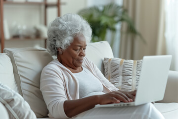 An elderly black woman surfs the internet or works on a laptop.