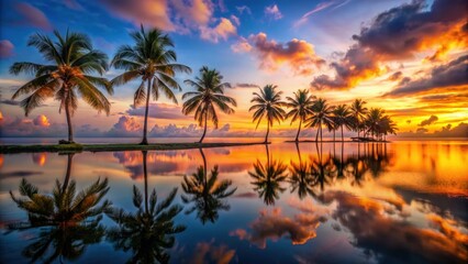 Fototapeta premium Vibrant tropical sunset with palm trees reflecting on calm waters, sunset, vibrant, tropical, palm trees, reflecting