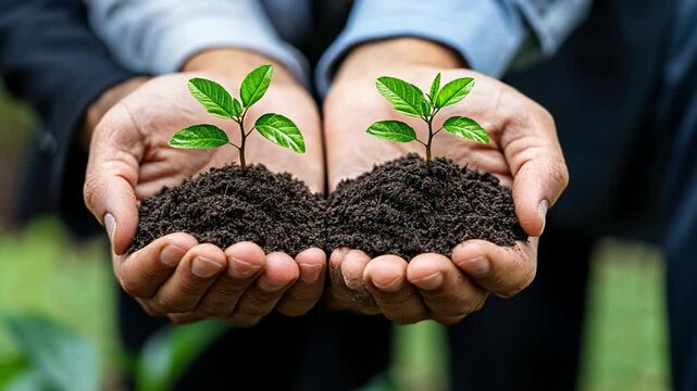 Hands hold the plant. Symbol of unification and motivation .Generative AI