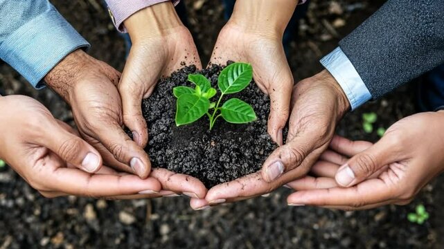 Hands hold the plant. Symbol of unification and motivation .Generative AI