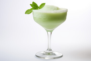 A crisp, refreshing mint margarita served in a frosted glass with a salt rim, garnished with fresh mint leaves and a lime wedge. The glass casts a soft shadow on a pure white background,green drink