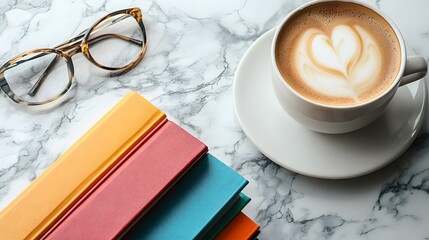 Minimalist workspace featuring a white marble tabletop with colorful books, reading glasses, and a coffee cup, highlighting clean aesthetic and education concept.