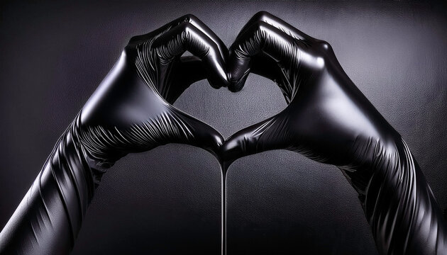 Glossy shiny black kinky latex pvc , full length long gloves, woman's hands forming a heart shape on a dark background, luxury high end, elegant, erotic romance, and fetish, bondage, bdsm, kink theme