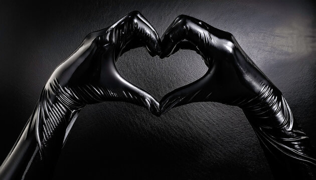 Glossy shiny black kinky latex pvc , full length long gloves, woman's hands forming a heart shape on a dark background, luxury high end, elegant, erotic romance, and fetish, bondage, bdsm, kink theme