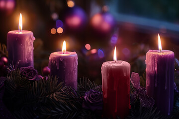 Four lit purple advent candles with bokeh lights represent the timeless Christmas tradition in Catholic faith.